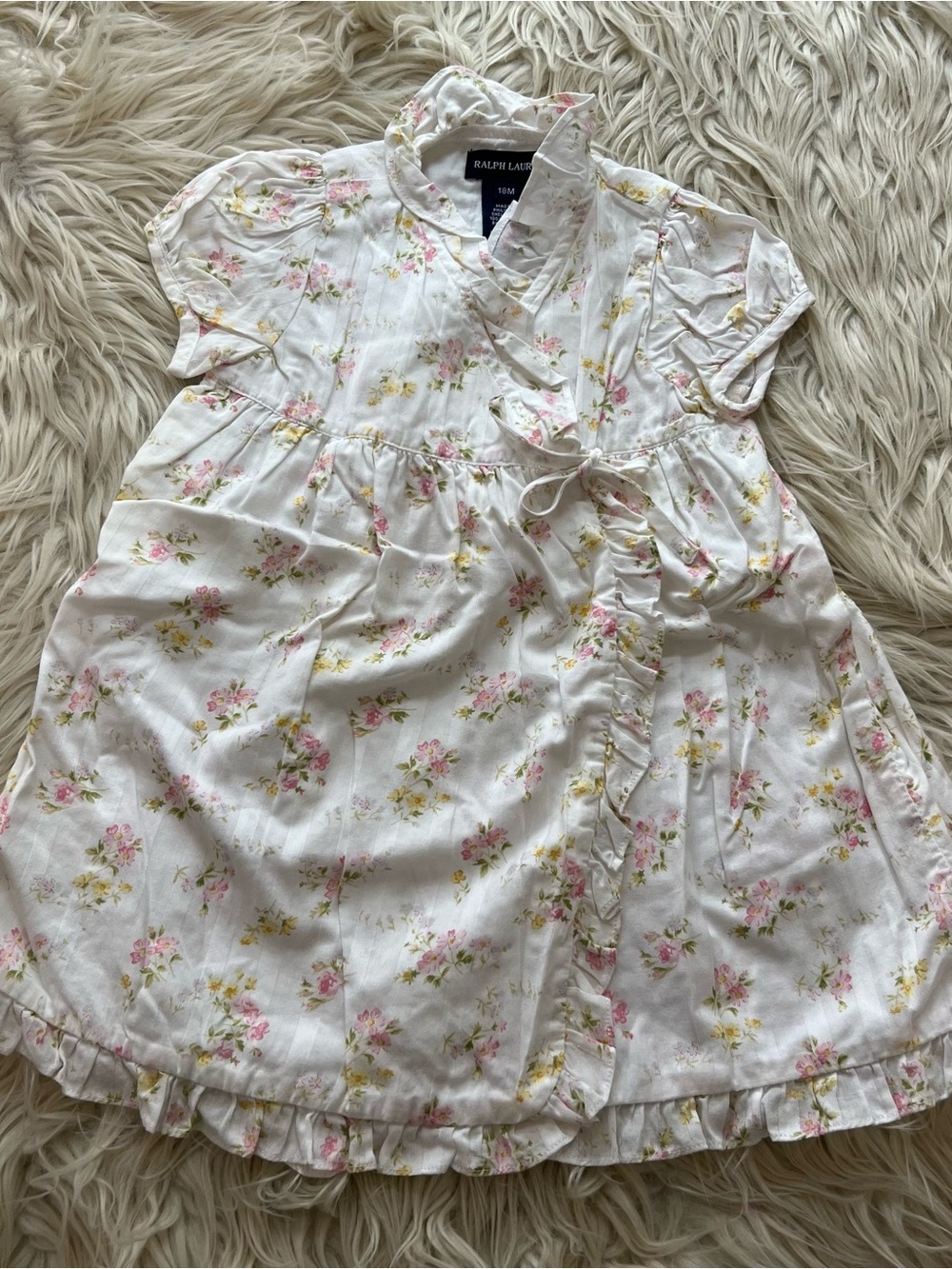 Y2K Ralph Lauren Baby Girl Floral Wrap Dress 100% Cotton Ruffled 18 Months